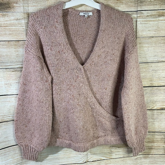 Madewell pink chunky knit sweater women size Small wrap front pullover - Picture 4 of 12